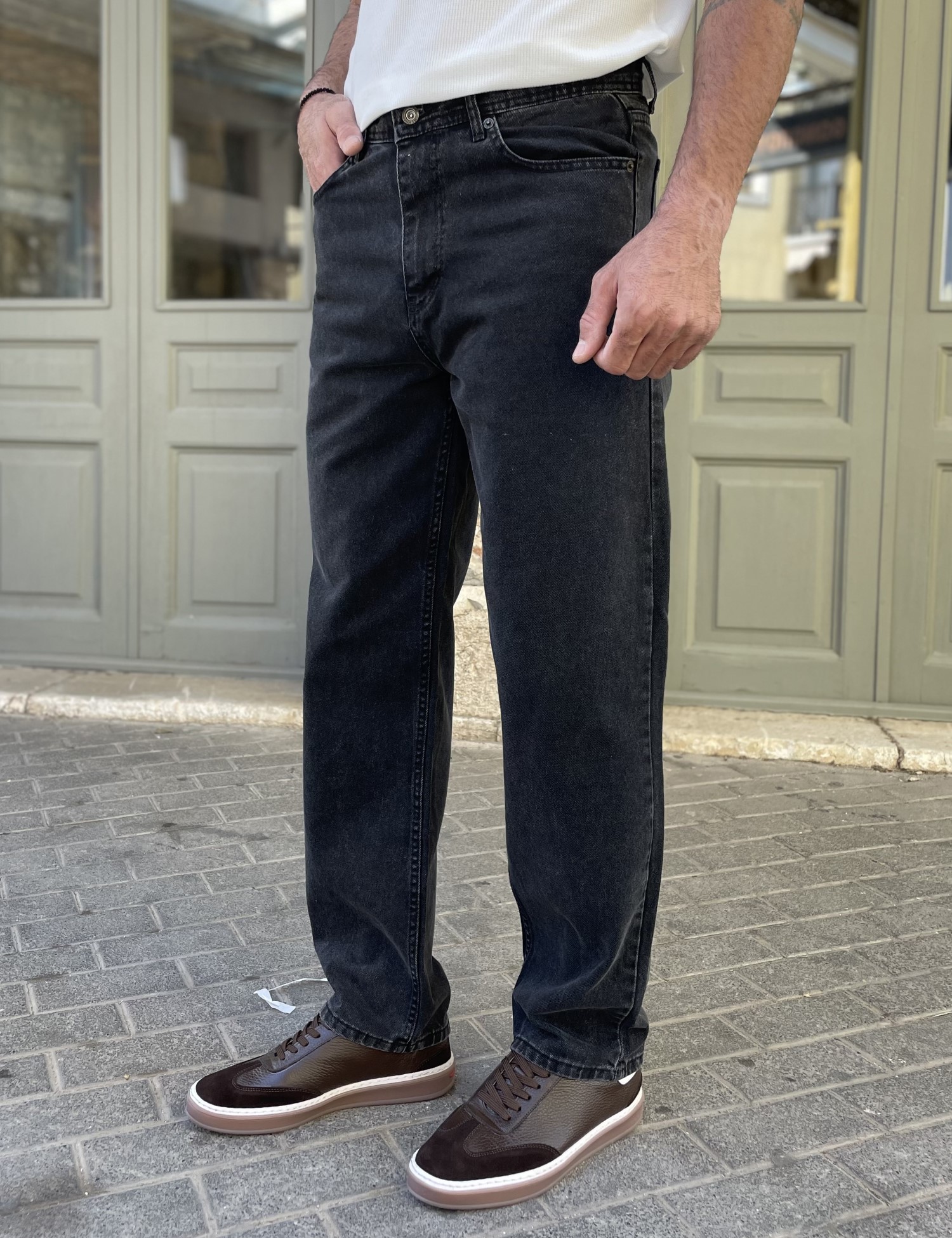 Ανδρικό μαύρο Loose τζιν ελαστικό πεντάτσεπο με φερμουάρ G81086 φωτογραφία